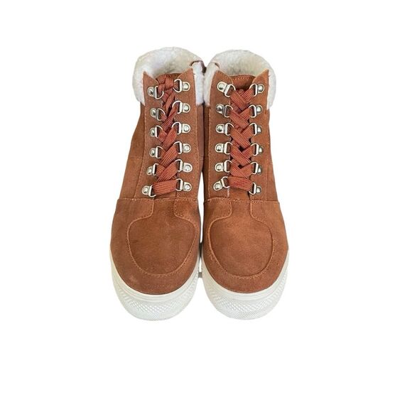 Steve Madden Lakes Wedge Sneaker Faux Fur Sherpa Trim Cognac Suede 8.5M Women's - Picture 5 of 13